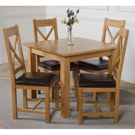 Square 90cm : Bàn Ăn Gỗ Sồi Vuông 90cm + 4 Ghế ( Lưng X - Mặt Nệm PU )